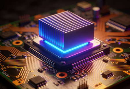 Close up view of electronic circuit board. Technology concept. 3D Rendering