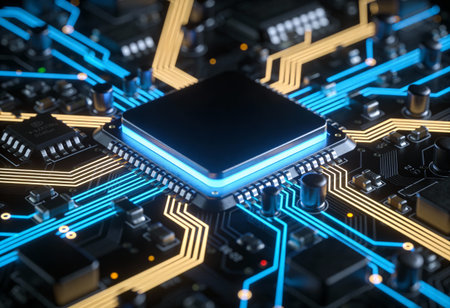 Circuit board close up with microchips, 3d render