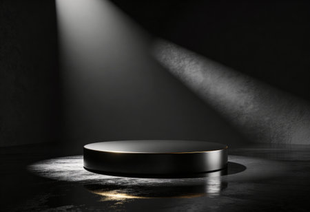 Black podium in dark room with spotlights, 3d render illustration