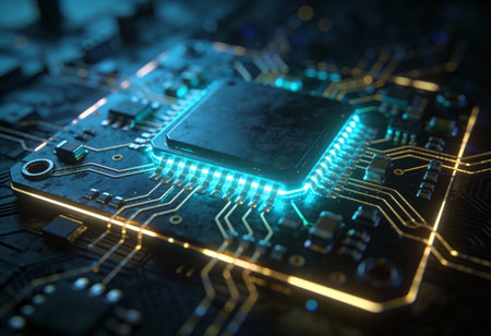 Close up of electronic circuit board. Technology concept. 3D Rendering