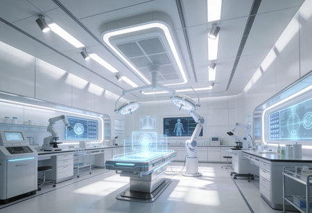 3d rendering x-ray image of modern laboratory interior with robotの写真素材