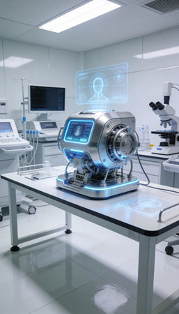 Robot and medical equipment on the table in the modern laboratory.