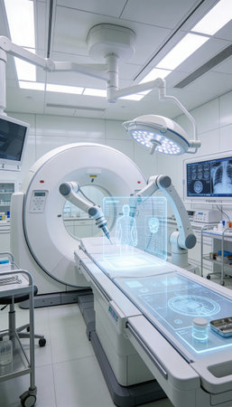 Medical equipment in modern operating room. X-ray machine and surgery room.
