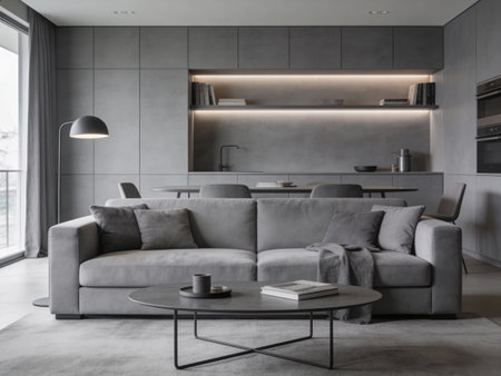 Living room interior with grey sofa, coffee table and books. 3d render