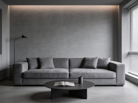 Modern living room interior with gray walls, concrete floor, gray sofa and coffee table. 3d render