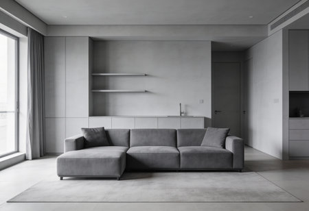 Interior of modern living room with gray sofa and gray walls. 3d renderingの写真素材