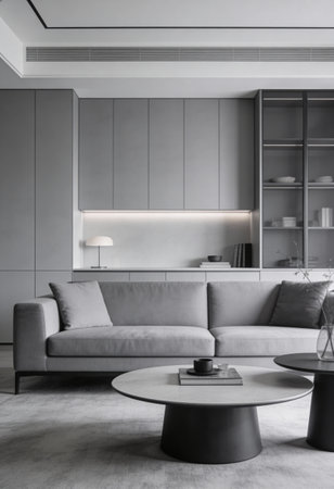 Contemporary living room interior with grey sofa, coffee table and bookshelf. 3d render