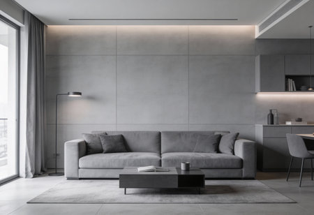 Interior of modern living room with gray walls, concrete floor, gray sofa and coffee table. 3d...