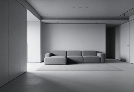 Interior of modern living room with white walls, concrete floor, gray sofa standing near the wall....