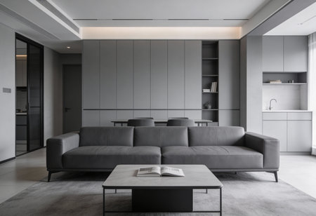 Interior of modern living room with gray walls, concrete floor, gray sofa and bookcase. 3d rendering