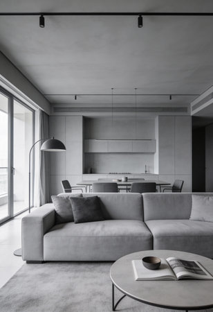 Interior of modern living room with grey sofa, coffee table and book