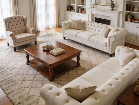 Luxury living room with sofa, coffee table and bookshelf