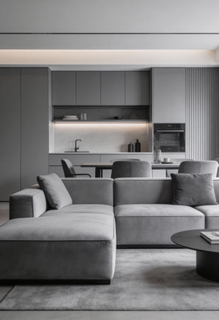 interior of modern kitchen with grey walls, concrete floor