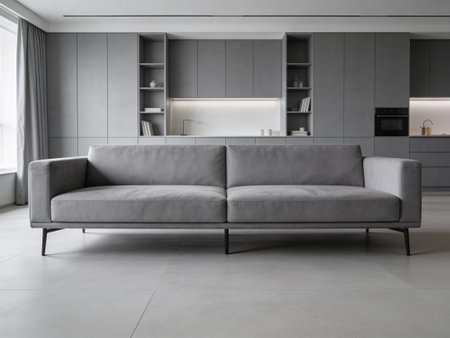 interior of modern living room with grey sofa, carpet and kitchenの写真素材