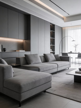 interior of modern living room with grey sofa, kitchen and dining areaの写真素材