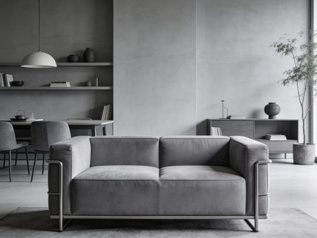 Modern living room interior with gray walls, concrete floor, grey sofa and coffee table. 3d render