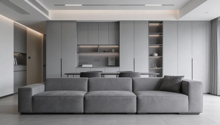 Interior of modern living room with grey sofa 3d rendering image