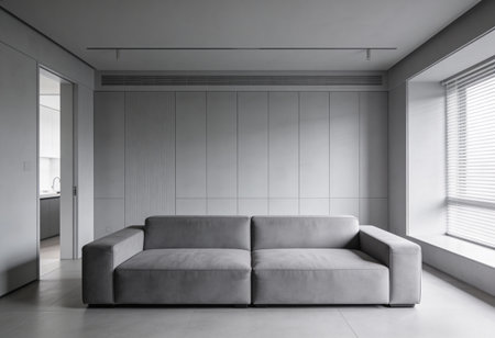 Interior of modern living room with gray and white walls, concrete floor, gray sofa and window with...
