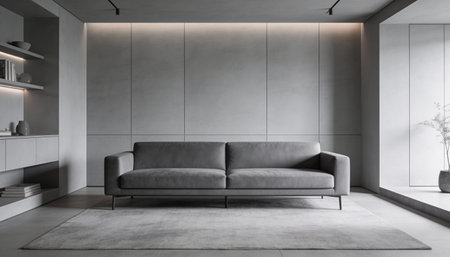 Interior of modern living room with gray sofa and concrete floor. 3d rendering