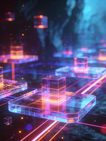 Abstract technology background with glowing cubes and lines. 3D Rendering