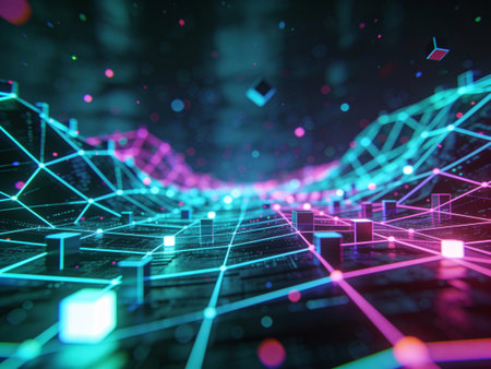 Abstract technology background with glowing lines and dots. 3D Renderingの写真素材