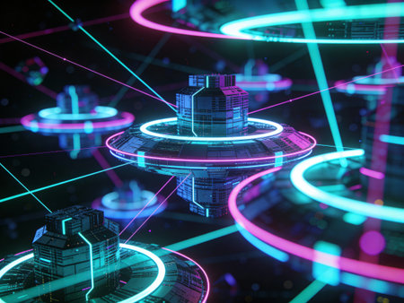 3d rendering of abstract digital city with glowing neon lights on dark background