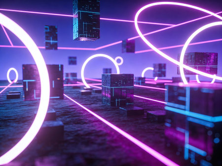 Futuristic city with glowing neon lines. 3D Rendering