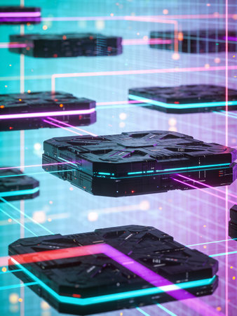 Futuristic data center with microcircuits and neon lights. 3D Rendering