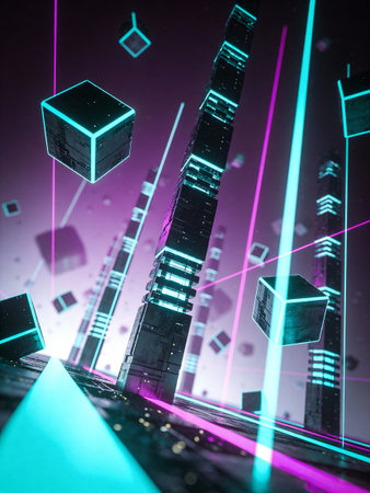 Abstract digital city with neon lights. Data concept. 3D Rendering