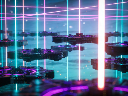 Futuristic cyber city with neon lights. 3D Rendering