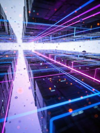 Digital data flow in a datacenter. 3D Rendering