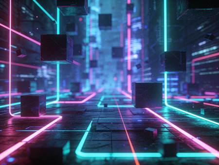 3d rendering of abstract technology concept with glowing cubes on dark background
