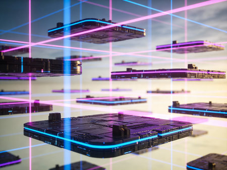 Abstract glowing wireframe city background. Technology concept. 3D Rendering