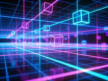 3d render of abstract technology background with glowing cubes and lines.