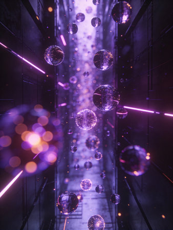 Glowing disco balls in a dark tunnel. 3D Renderingの写真素材