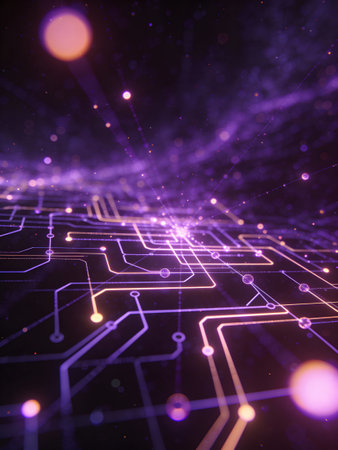 Circuit board with glowing particles. Technology background. 3d rendering