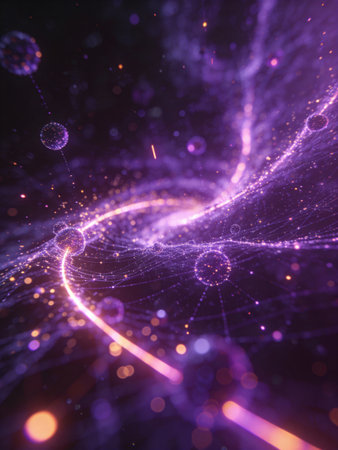 abstract purple background with glowing particles and lines, 3d renderの写真素材