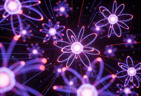 glowing atom on a dark background. 3d rendering toned imageの写真素材
