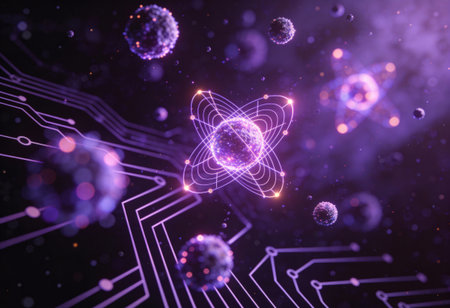 Abstract science background with atom and microchip, 3d render illustrationの写真素材