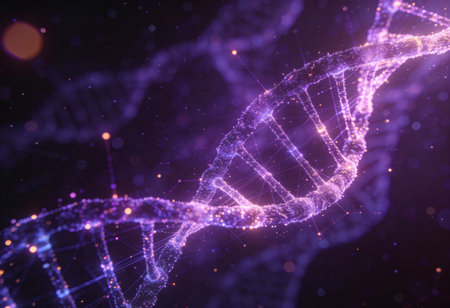 DNA molecule structure with glowing particles. 3d rendering toned imageの写真素材