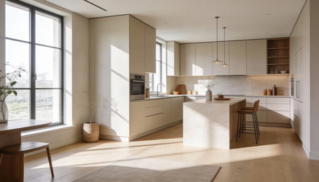 interior of modern bright kitchen with white walls, panoramic windowsの写真素材