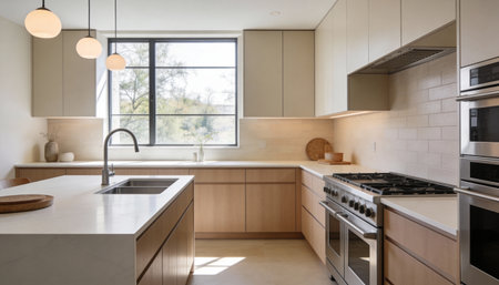 interior of new luxury house, kitchen and dining room view from window