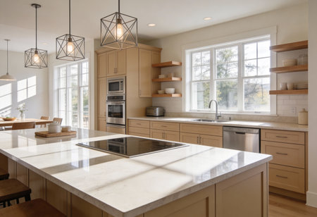 Interior of a modern kitchen with white countertops and wooden cabinets