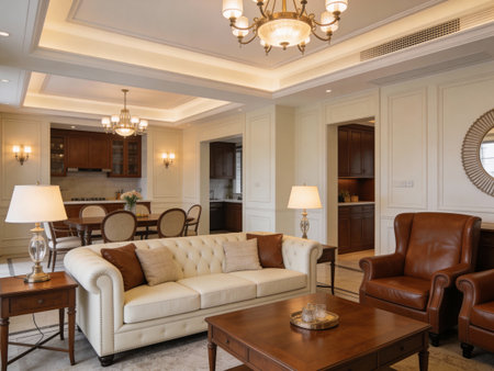 Luxury living room in classic style with beige leather sofaの写真素材