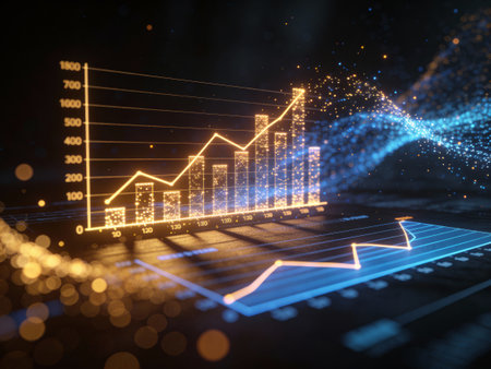 Futuristic glowing business chart on dark background. 3D Rendering
