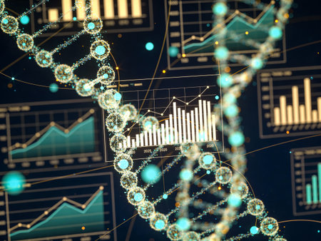 Creative image of DNA molecule and financial charts on background. Medicine and science concept. 3D...