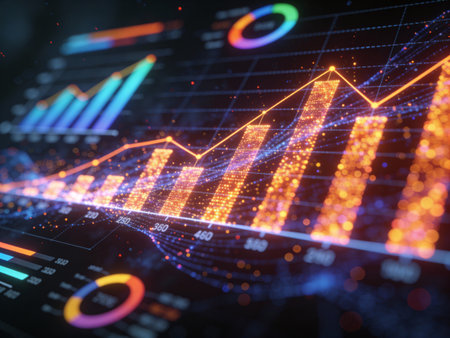 3D rendering of financial graph and stock market data on digital screen