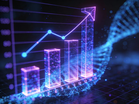 3D rendering of a holographic business chart on a dark background