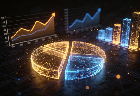 3D rendering of abstract glowing financial charts and graphs on dark backgroundの写真素材