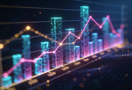 Glowing globe with charts and graphs on dark background. 3D Renderingの写真素材